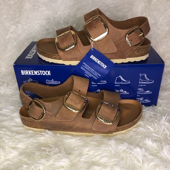 Birkenstock Shoes - Birkenstock Milano Big Buckle Oiled Leather - Cognac Brown Sandals with Gold 6.5
